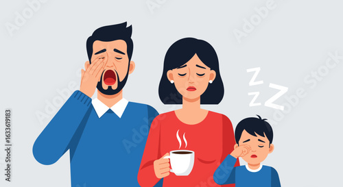 This vector illustration portrays a very tired family, with a yawning father, an exhausted mother holding coffee, and a sleepy child rubbing his eyes.