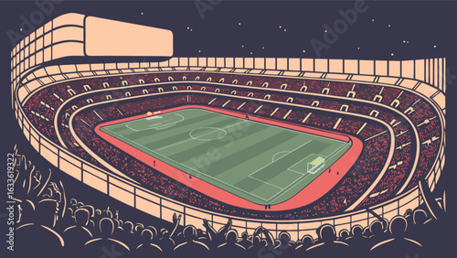 Illustration of a soccer stadium with fans cheering in the stands and bright lights at night time view