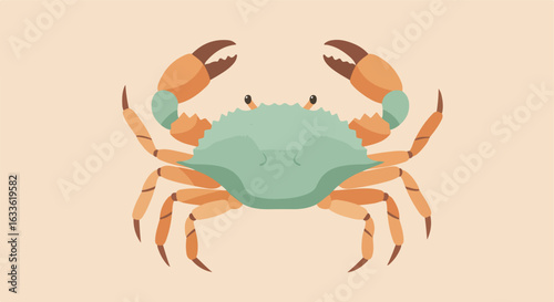 Flat, stylized crab with pale blue carapace, claws raised on a cream background