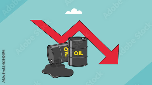 falling oil prices, risk of loss in crude oil stocks due to price crisis, Oil prices sharpen losses, pile of spilled crude oil barrels with falling graph