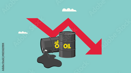 falling oil prices, risk of loss in crude oil stocks due to price crisis, Oil prices sharpen losses, pile of spilled crude oil barrels with falling graph