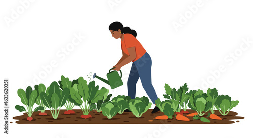 Woman waters vegetables in garden with watering can