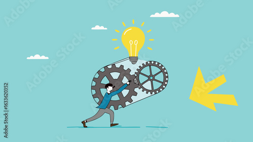great idea development, strategy to success or improvement, efficiency or productivity concept, careful planning, businessman moves the cogwheel gears to activate the lightbulb idea