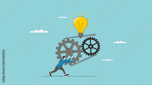 great idea development, strategy to success or improvement, efficiency or productivity concept, careful planning, businessman moves the cogwheel gears to activate the lightbulb idea