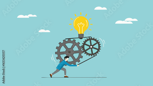 great idea development, strategy to success or improvement, efficiency or productivity concept, careful planning, businessman moves the cogwheel gears to activate the lightbulb idea