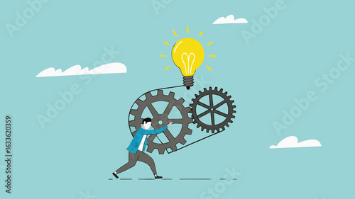 great idea development, strategy to success or improvement, efficiency or productivity concept, careful planning, businessman moves the cogwheel gears to activate the lightbulb idea