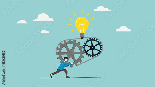great idea development, strategy to success or improvement, efficiency or productivity concept, careful planning, businessman moves the cogwheel gears to activate the lightbulb idea