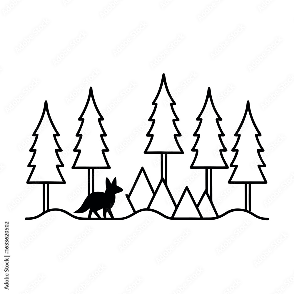 Obraz premium Minimalist fox in a pine forest line art