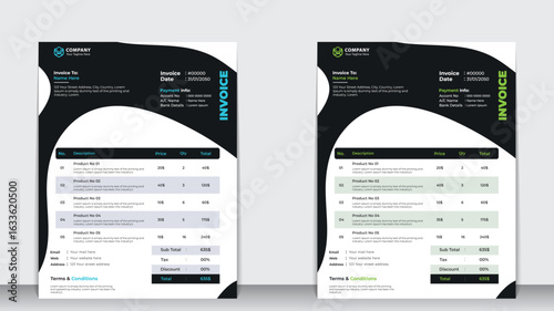 Modern invoice template design. Creative three-color billing form, tax invoice, receipt, quote, and payment agreement vector set for business and finance use.
