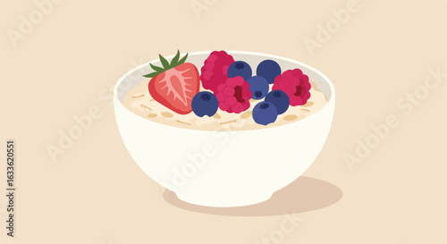 Oatmeal in white bowl with berries and cut strawberry, minimal vector art
