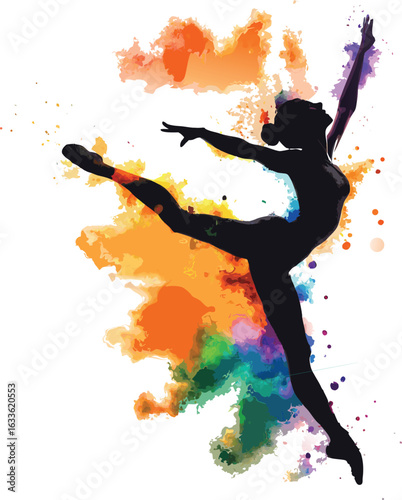 Silhouette of a graceful dancer in mid leap surrounded by vibrant watercolor splashes of color