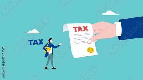 Crypto currency tax burden, businessman investor holding bitcoin surprised by government hand issue tax bill concept vector illustration