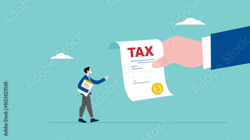 Crypto currency tax burden, businessman investor holding bitcoin surprised by government hand issue tax bill concept vector illustration