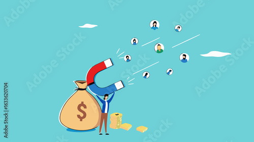 Customer acquisition cost or CAC, marketing expense on customer retention, advertising cost for lead generation, businessman uses magnets with dollar costs to attract customers