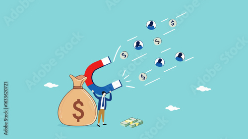 Customer acquisition cost or CAC, marketing expense on customer retention, advertising cost for lead generation, businessman uses magnets with dollar costs to attract customers