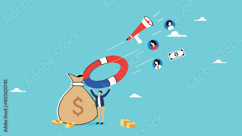 Customer acquisition cost or CAC, marketing expense on customer retention, advertising cost for lead generation, businessman uses magnets with dollar costs to attract customers