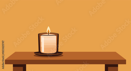 Cartoon candle in glass holder sits on brown table, against golden background