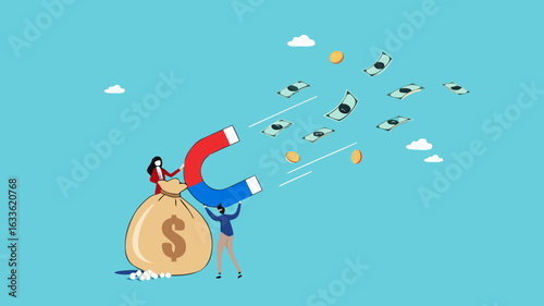 Customer acquisition cost or CAC, marketing expense on customer retention, advertising cost for lead generation, businessman uses magnets with dollar costs to attract customers
