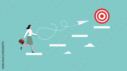 progress toward success or career success, journey to achieve target or business goal, personal development goal for work, way to achieve goal, businesswoman climbs the stairs towards her life's goals