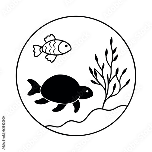 A sea life scene with turtle and fish