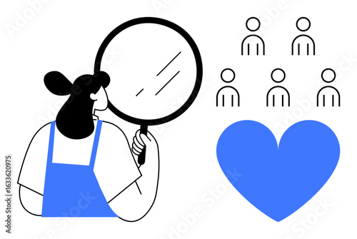 Woman analyzing group through magnifying glass, emphasizing empathy and connection. Ideal for teamwork, customer service, relationship, healthcare, support, personal growth, simple landing page