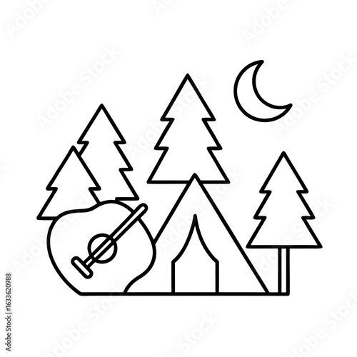 Night camping scene with tent and guitar