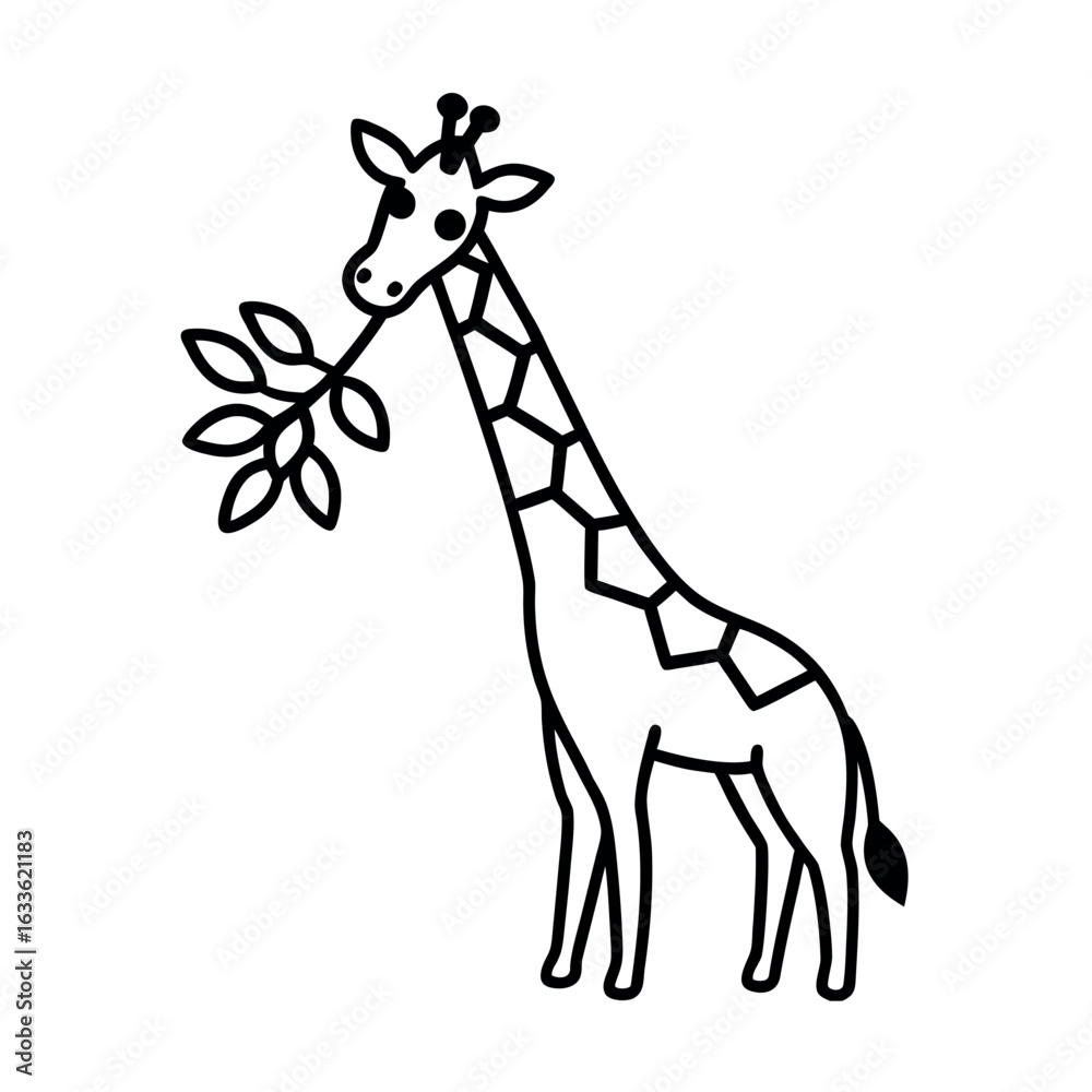 Obraz premium A cartoon giraffe eating leaves from a branch