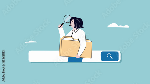 find new job or explore website concept, looking for job vacancies, browse the internet to get information, search concept, woman looking for job information in the search box using magnifying glass