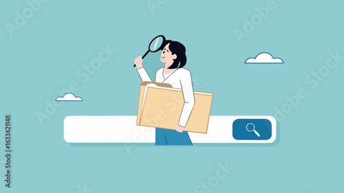 find new job or explore website concept, looking for job vacancies, browse the internet to get information, search concept, woman looking for job information in the search box using magnifying glass