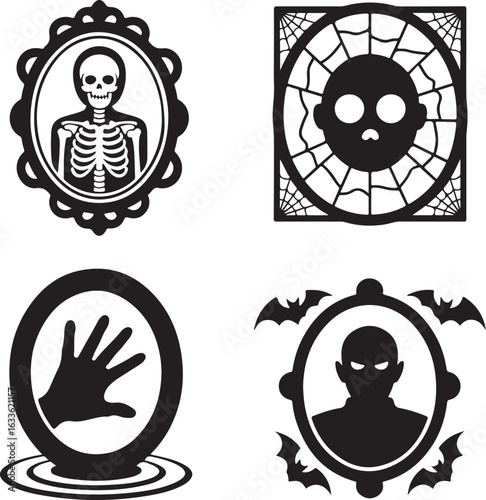 horror, mirror, haunted, scary, skeleton, ghost, vampire, spooky, portrait, frame, cursed, reflection, evil, icon, set, vector