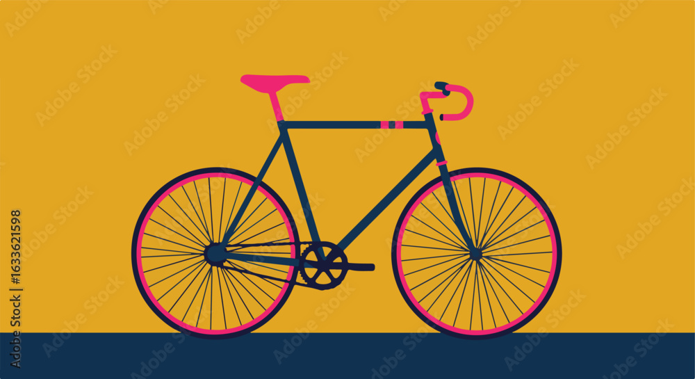 Fototapeta premium Illustrated bike with pink accents on a mustard background with blue base