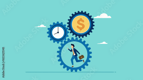 effort and time to make money with businessman running with full effort in gears to turn time and make money, experience and persistence for career success, long-term investment success concept