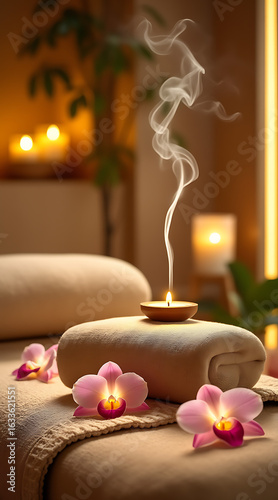 Spa still life with candles flowers and relaxing aromatherapy setting
