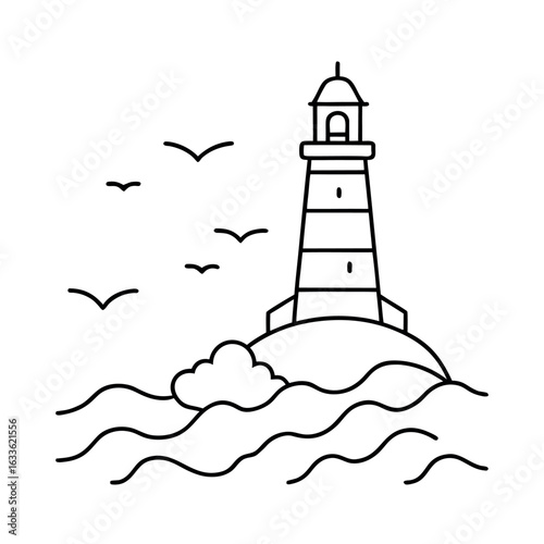 Lighthouse on a rocky shore with waves and birds