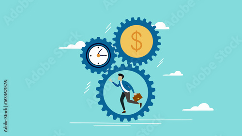 effort and time to make money with businessman running with full effort in gears to turn time and make money, experience and persistence for career success, long-term investment success concept