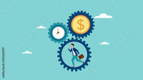 effort and time to make money with businessman running with full effort in gears to turn time and make money, experience and persistence for career success, long-term investment success concept