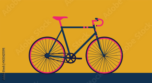 Illustrated bike with pink accents on a mustard background with blue base