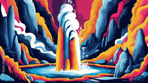 Vibrant geyser erupting with colorful steam and water surrounded by mountains