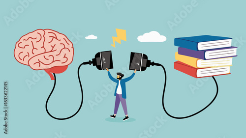 read books to learn new lessons, literature or intelligence information, improve literacy and numeracy skills, businessman connect plug with stack of book with human brain concept vector illustration