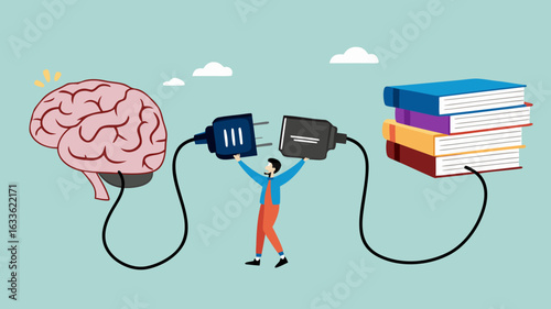 read books to learn new lessons, literature or intelligence information, improve literacy and numeracy skills, businessman connect plug with stack of book with human brain concept vector illustration