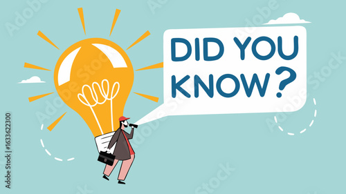 did you know illustration with businessman coming out of light bulb idea with megaphone and speech bubble saying did you know?, expert information, explanation or solution, useful tip or knowledge