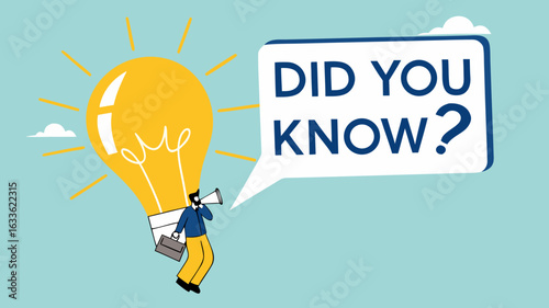 did you know illustration with businessman coming out of light bulb idea with megaphone and speech bubble saying did you know?, expert information, explanation or solution, useful tip or knowledge