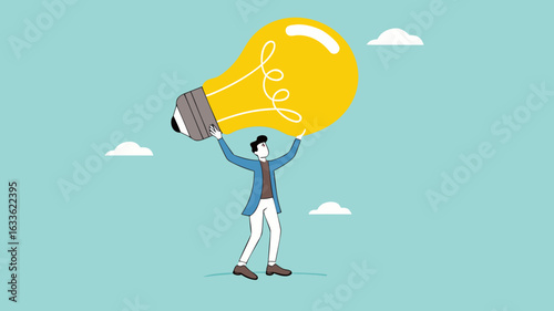 businessman bring big light bulb idea for new product idea or business opportunity, finding new idea, creativity or innovation to create new product, solution to solve problem or fix mistake concept