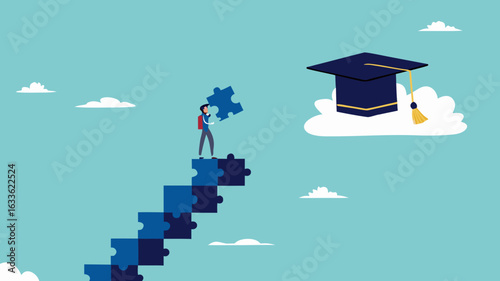 high education, success step to achieve higher education, cost to graduate high degree education, the way to achieve high education, people making ladder from puzzle going to graduation cap