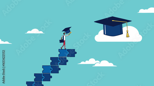 high education, success step to achieve higher education, cost to graduate high degree education, the way to achieve high education, people making ladder from puzzle going to graduation cap