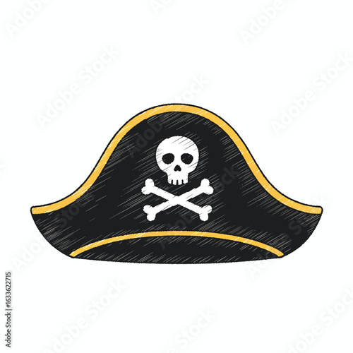 Black Pirate Hat with Skull and Crossbones Design.