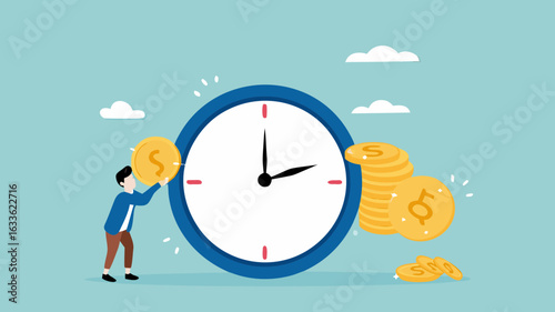 ROI, return on investment or long term investment success, increase in dividends or returns from the costs that have been invested, businessman invests money into big watch to get return profit