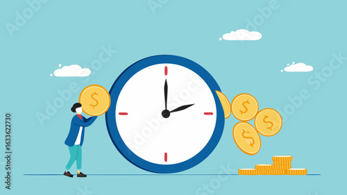 ROI, return on investment or long term investment success, increase in dividends or returns from the costs that have been invested, businessman invests money into big watch to get return profit