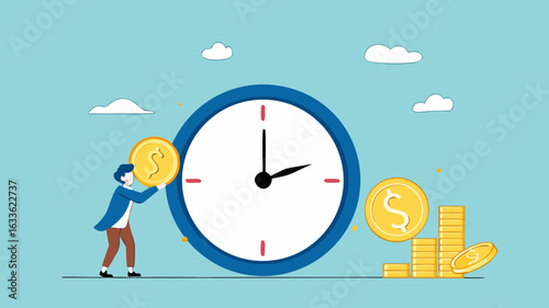ROI, return on investment or long term investment success, increase in dividends or returns from the costs that have been invested, businessman invests money into big watch to get return profit