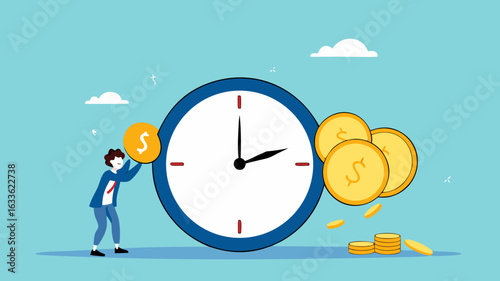 ROI, return on investment or long term investment success, increase in dividends or returns from the costs that have been invested, businessman invests money into big watch to get return profit